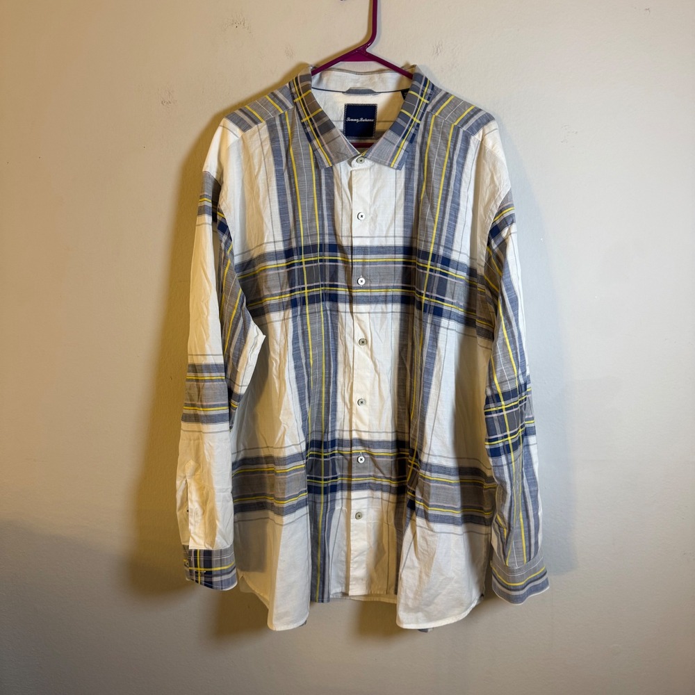 Tommy Bahama‎ Mens 3XL Plaid Button Down Shirt Cotton Silk White Blue Yellow
